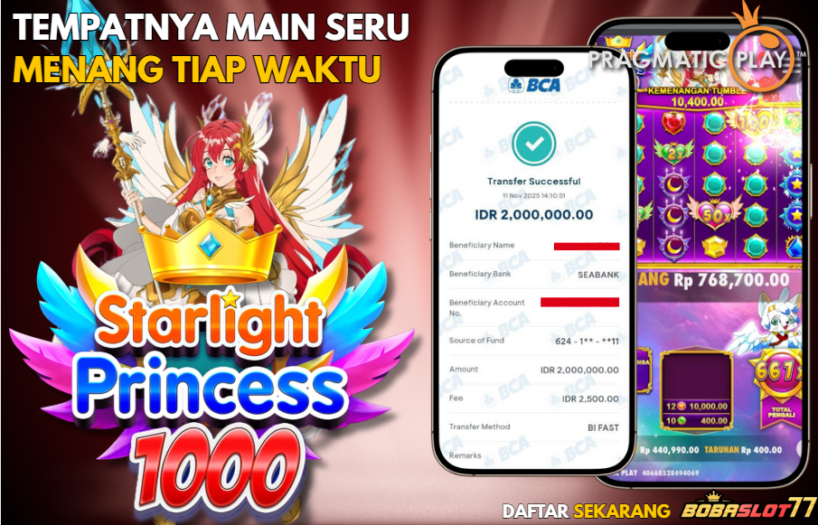 Selamat kepada user id : pak*****7 Wede Rp 2.000.000 di Game STARLIGHT PRINCESS PRAGMATIC PLAY Cair Gk Sampe 1 Menit! Menang Mudah di Bobaslot77